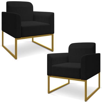 Kit 2 Poltronas Decorativas Isabella Base Industrial Linho Preto/dourado G19