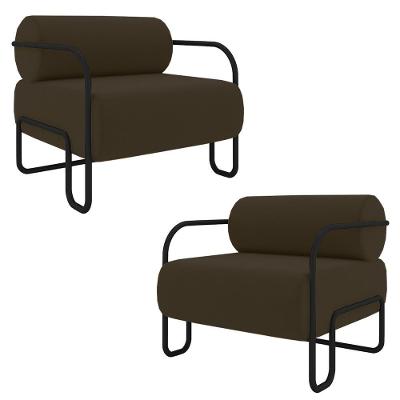 Kit 2 Poltronas Decorativas Sala De Estar Polatsk Base Industrial De Ferro Veludo Marrom G33 - Gran Belo