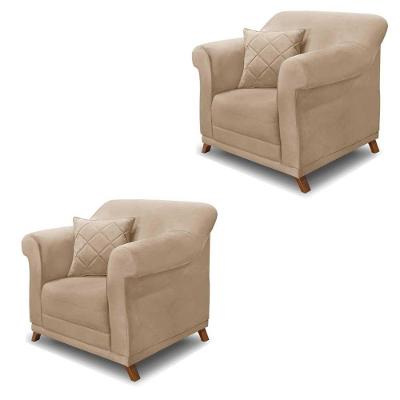 Kit 2 Poltronas Decorativas Com 2 Almofadas Armstrong Suede Bege G63 - Gran Belo