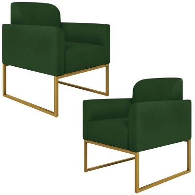 Kit 2 Poltronas Decorativas Isabella Base Industrial Suede Verde/dourado G19