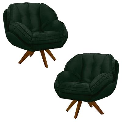 Kit 2 Poltronas Decorativas Base Em Madeira Giratória Giroud Veludo Verde G33 - Gran Belo