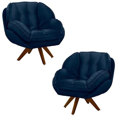 Kit 2 Poltronas Decorativas Base Em Madeira Giratória Giroud Veludo Azul Marinho G33 - Gran Belo