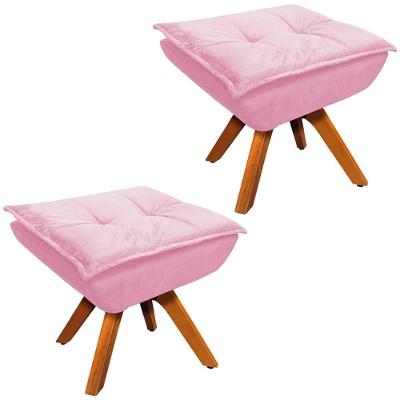 Kit 2 Puff's Decorativos Base Giratória Em Madeira Charger Suede Rosa G19 - Gran Belo