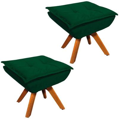Kit 2 Puff's Decorativos Base Giratória Em Madeira Charger Suede Verde G19 - Gran Belo