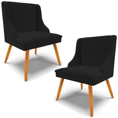 Kit 2 Poltronas Decorativas Pés Palito De Madeira Firenze Linho Preto/natural G19 - Gran Belo