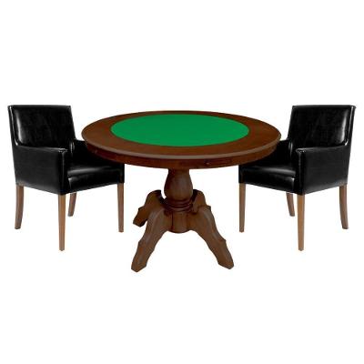 Mesa De Jogos Carteado Redonda Montreal Tampo Reversível Imbuia Com 2 Cadeiras Liverpool Corino Preto Liso G36 G15