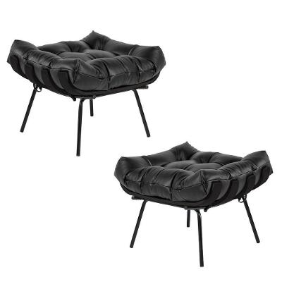 Kit 2 Puff Decorativo Sala De Estar Costela Base Preta Couro Preto G34 - Gran Belo