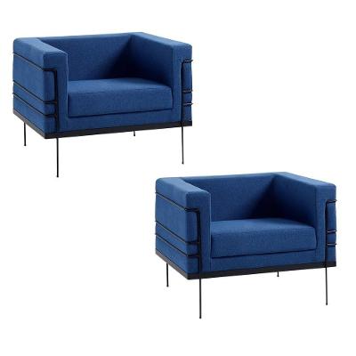 Kit 2 Poltronas Decorativas Base De Aço Preto Jeanneret-gris Linho Azul Marinho G17 - Gran Belo