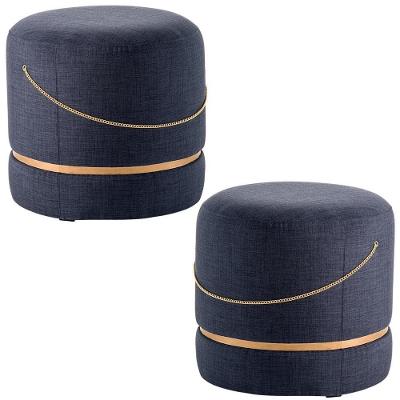 Kit 2 Puffs Decorativos Redondos Ryu Azul/dourado G66 - Gran Belo