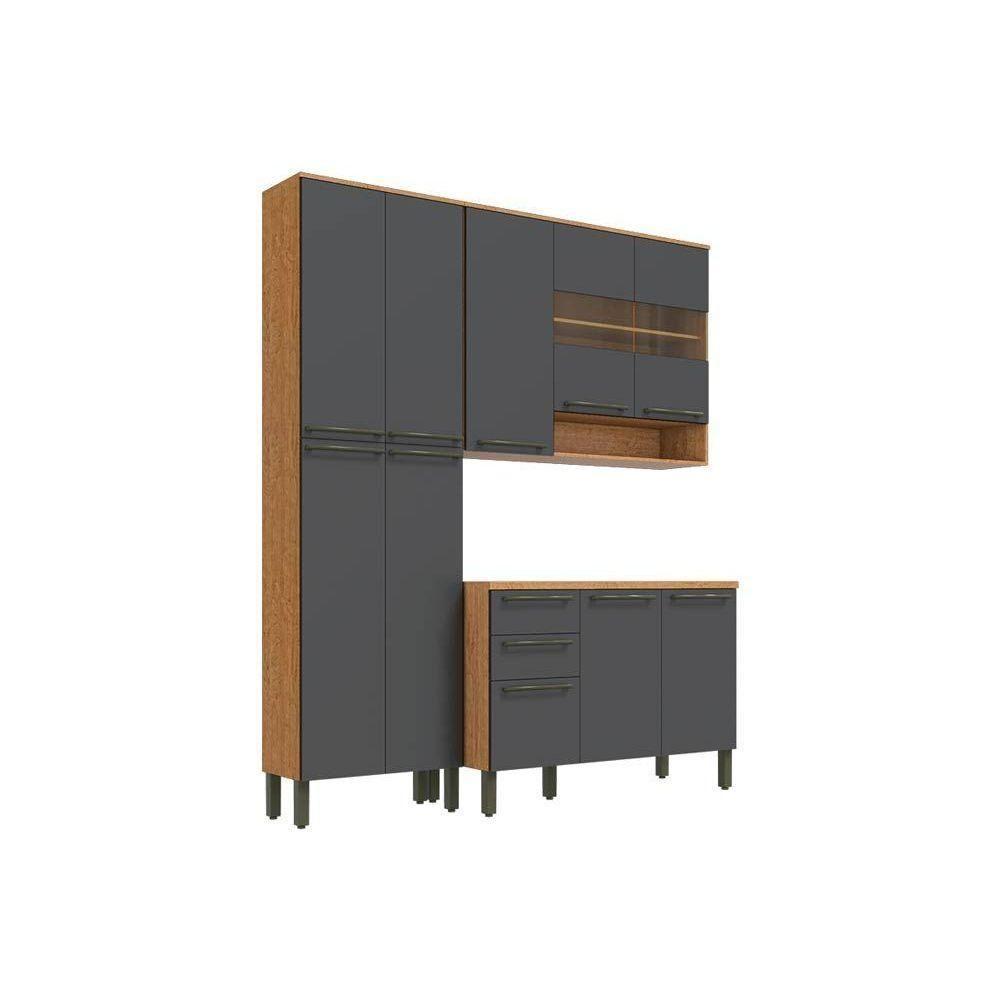 Kit De Cozinha 3Pçs Napoli Prime (1 Armário + 1 Balcão + 1 Paneleiro) C3p02 Castanho/chumbo - 1