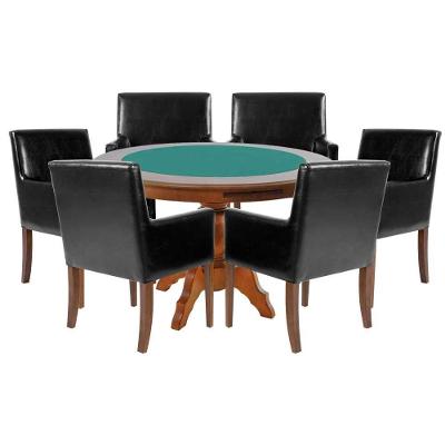 Mesa De Jogos Carteado Redonda Montreal Tampo Reversível Amêndoa Com 6 Cadeiras Liverpool Pu Preto Liso G36 G15 - Gran