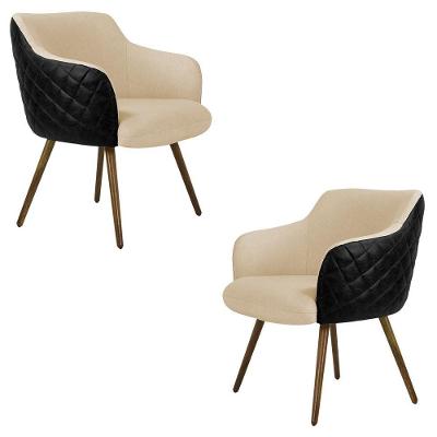 Kit 2 Poltronas Decorativas Kitana Pés Palito Pu Sintético/linho Preto/bege G15 - Gran Belo