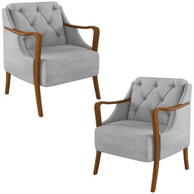 Kit 2 Poltronas Decorativas Braços Em Madeira Hand Veludo Cinza G45 - Gran Belo