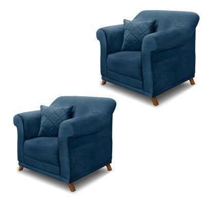 Kit 2 Poltronas Decorativas Com 2 Almofadas Armstrong Veludo Azul Marinho G63 - Gran Belo