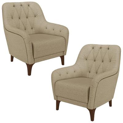 Kit 2 Poltronas Decorativas Pés Em Madeira Petra Linho Bege G45 - Gran Belo