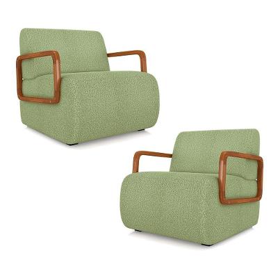 Kit 2 Poltronas Decorativa Sala De Estar Odessa Braços Em Madeira Bouclê Verde Oliva G33 - Gran Belo