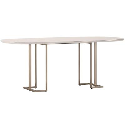 Mesa De Jantar 8 Lugares Retangular Orgânico Com Vidro 200cm Pés Industrial Alina N01 Off White Champanhe - Lyam Decor