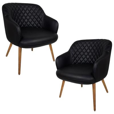 Kit 2 Poltronas Decorativas Kitana Pés Palito Pu Sintético Preto G15 - Gran Belo