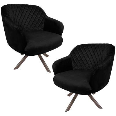 Kit 2 Poltronas Decorativas Kitana Pés Champagne Giratório Veludo Preto G15 - Gran Belo
