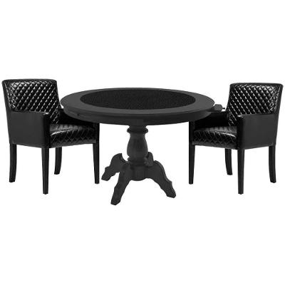 Mesa De Jogos Carteado Montreal Redonda Tampo Reversível Preto Com 2 Cadeiras Liverpool Pu Sintético Preto Matelassê G36 G15 - Gran Belo