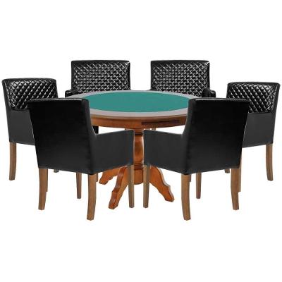 Mesa De Jogos Carteado Redonda Montreal Tampo Reversível Amêndoa Com 6 Cadeiras Liverpool Pu Preto Matelassê G36 G15