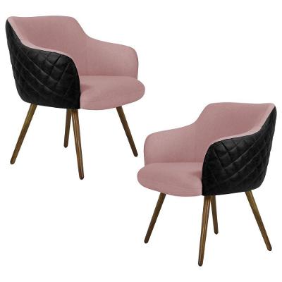 Kit 2 Poltronas Decorativas Kitana Pés Palito Pu Sintético/linho Preto/rosa G15 - Gran Belo
