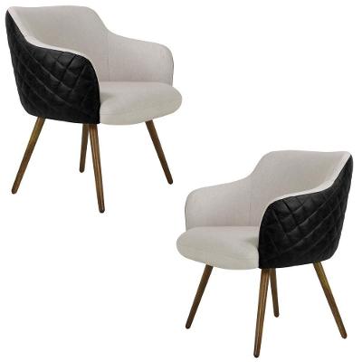 Kit 2 Poltronas Decorativas Kitana Pés Palito Pu Sintético/linho Preto/areia G15 - Gran Belo