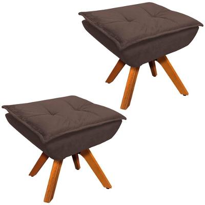 Kit 2 Puff's Decorativos Base Giratória Em Madeira Charger Suede Marrom G19 - Gran Belo