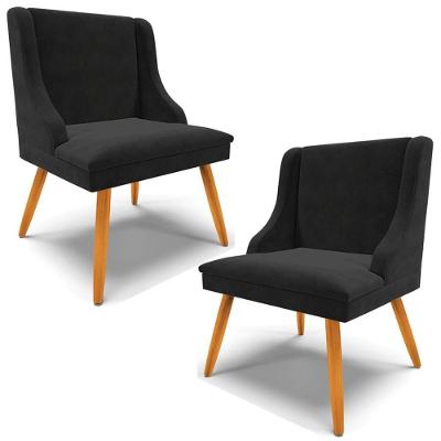 Kit 2 Poltronas Decorativas Pés Palito De Madeira Firenze Suede Preto/natural G19 - Gran Belo