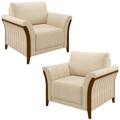 Kit 2 Poltronas Decorativas Pés Em Madeira Market Linho Champagne G45 - Gran Belo