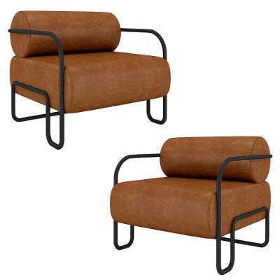 Kit 2 Poltronas Decorativas Sala De Estar Polatsk Base Industrial De Ferro Pu Caramelo G33 - Gran Belo