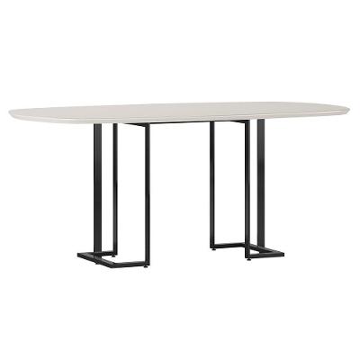 Mesa De Jantar 6 Lugares Retangular Orgânico Com Vidro 180cm Pés Industrial Alina N01 Off White Preto - Lyam Decor