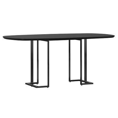 Mesa De Jantar 6 Lugares Retangular Orgânico Com Vidro 180cm Pés Industrial Alina N01 Preto - Lyam Decor