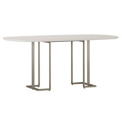 Mesa De Jantar 6 Lugares Retangular Orgânico Com Vidro 180cm Pés Industrial Alina N01 Off White Champanhe - Lyam Decor