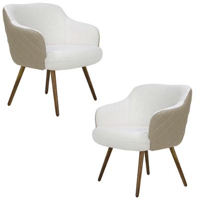 Kit 2 Poltronas Decorativas Kitana Pés Palito Pu Sintético/linho Bege/branco G15 - Gran Belo