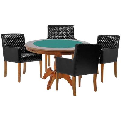 Mesa De Jogos Carteado Redonda Montreal Tampo Reversível Amêndoa Com 4 Cadeiras Liverpool Pu Preto Matelassê G36 G15