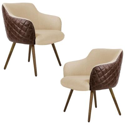 Kit 2 Poltronas Decorativas Kitana Pés Palito Pu Sintético/linho Marrom/bege G15 - Gran Belo
