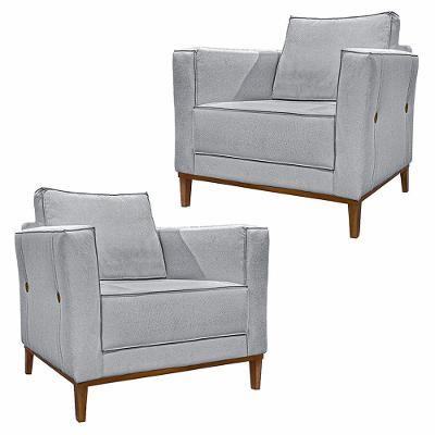 Kit 2 Poltronas Decorativas Pés Em Madeira Tarantino Linho Cinza Rustico G63 - Gran Belo
