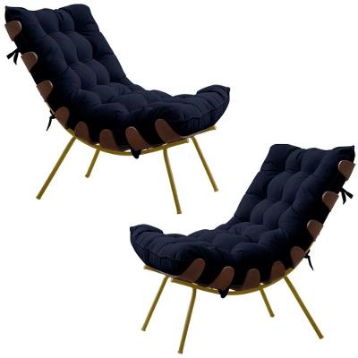 Kit 2 Poltronas Decorativas Sala De Estar Abel Base De Madeira Dourada Veludo Azul G41 - Gran Belo