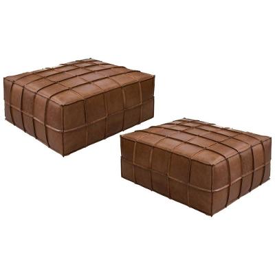 Kit 2 Puffs Decorativo Sala De Estar Frances Trio Couro Caramelo G72 - Gran Belo