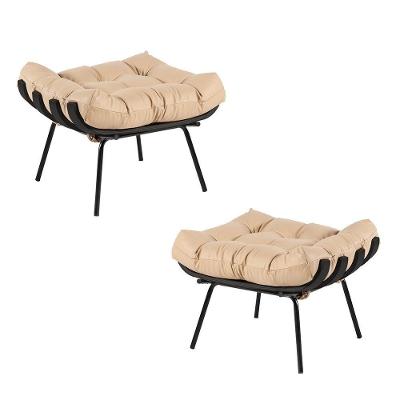 Kit 2 Puff Decorativo Sala De Estar Costela Base Preta Couro Bege G34 - Gran Belo