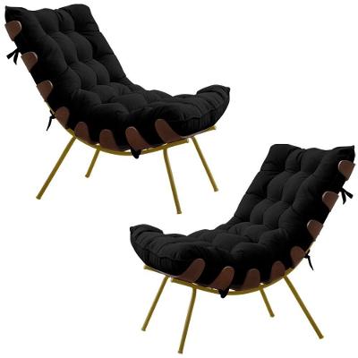 Kit 2 Poltronas Decorativas Sala De Estar Abel Base De Madeira Dourada Veludo Preto G41 - Gran Belo