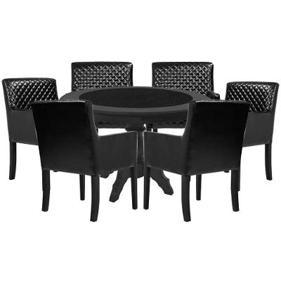 Mesa De Jogos Carteado Montreal Redonda Tampo Reversível Preto Com 6 Cadeiras Liverpool Corino Preto Matelassê G36 G15 - Gran Belo