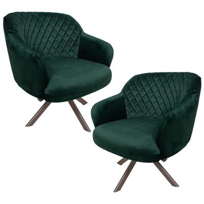 Kit 2 Poltronas Decorativas Kitana Pés Champagne Giratório Veludo Verde G15 - Gran Belo