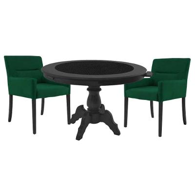 Mesa De Jogos Carteado Montreal Redonda Tampo Reversível Preto Com 2 Cadeiras Vicenza Verde G36 G15 - Gran Belo