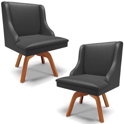 Kit 2 Poltronas Decorativas Base Giratória De Madeira Firenze Pu Preto Fosco/natural G19 - Gran Belo
