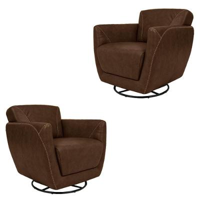 Kit 2 Poltronas Decorativas Valentina Sala De Estar Giratória Couro Marrom Tabaco Manchado G40 - Gran Belo