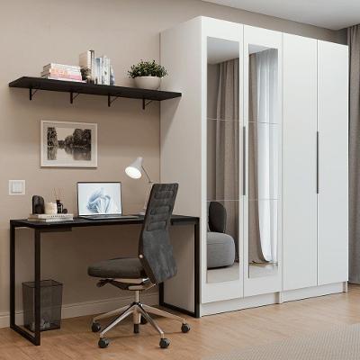 Conjunto Home Office 2 Armários Neo Com Espelhos 1 Escrivaninha 2 Prateleiras Branco/nero Madesa Branco