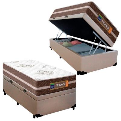 Cama Box Baú Solteiro Sintético + Colchão Molas Ensacadas Texas Prime Colchões 88cm - Suporta Até 120 Kg Por Pessoa