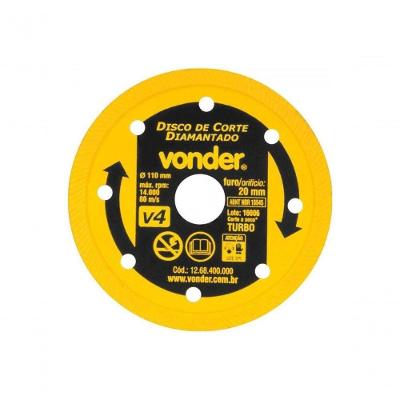 Disco de Corte Diamantado V4 110 mm Turbo para Cerâmica com Furo 20 mm e 14.000 RPM Vonder